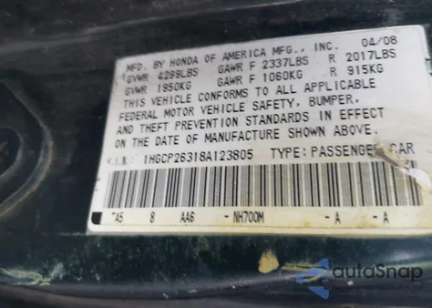 2008 Honda Accord 2.4 Lx from USA, damaged, VIN 1HGCP26318A123805
